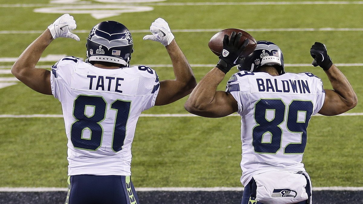 Seattle Seahawks wide receivers Golden Tate och Doug Baldwin firar Baldwins touchdown i andra halvlek.