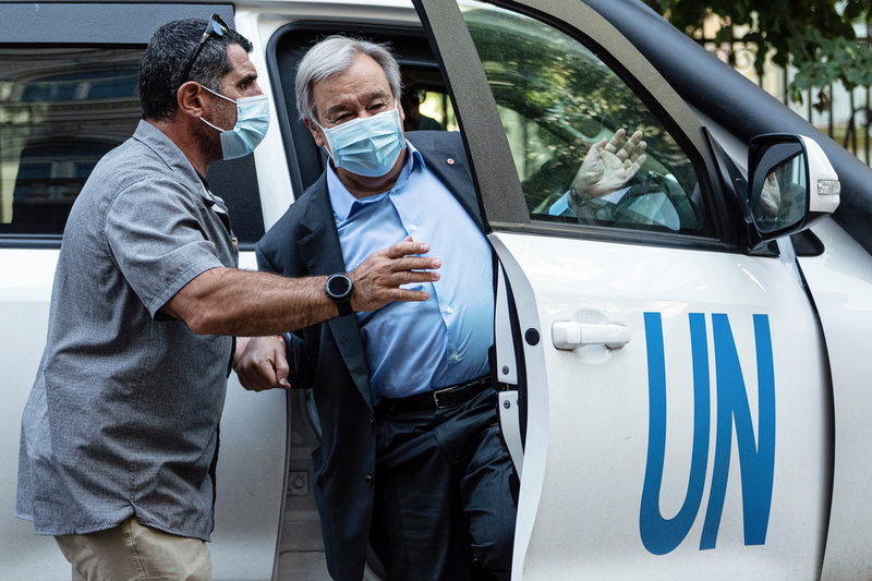 FN:s generalsekreterare António Guterres på besök i Lviv i västra Ukraina.