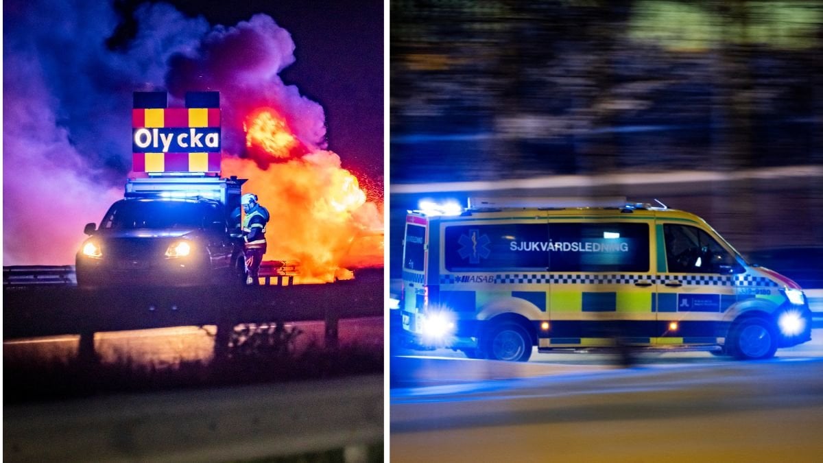 Bil i lågor efter krock – köer på riksväg 70
