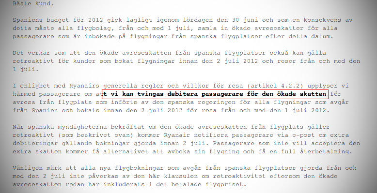 Ryanair varnar för debiteringen i ett email.