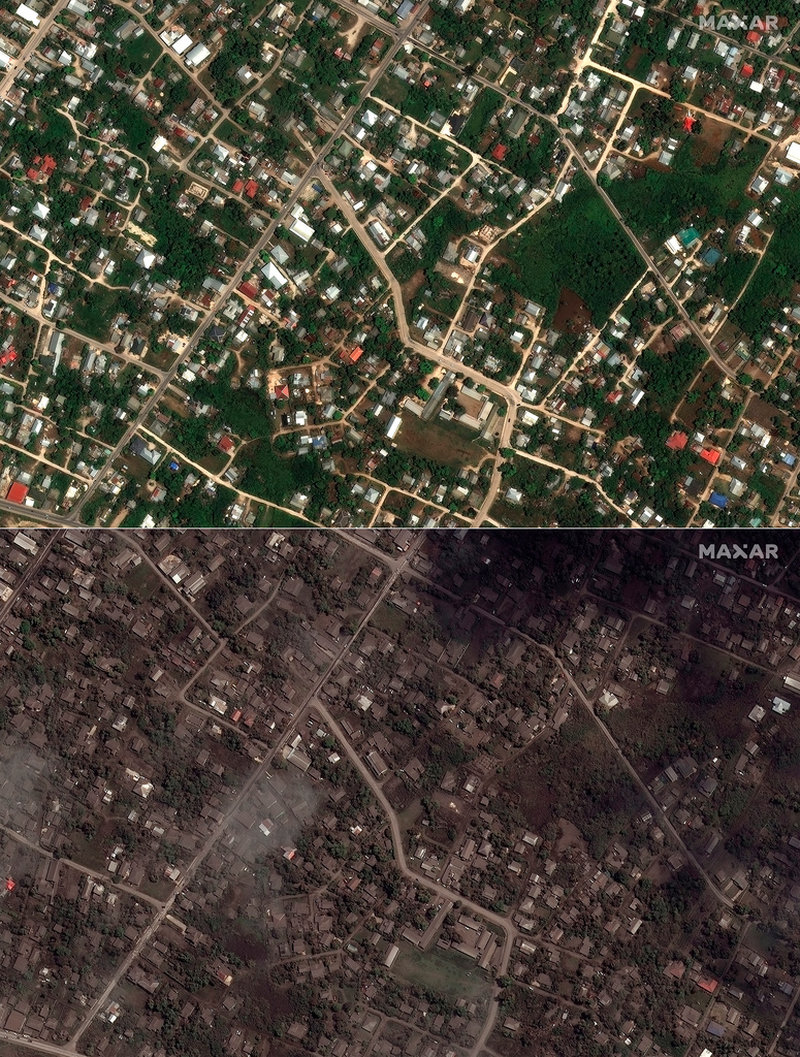 Från grönska till svärta – satellitbilder över bebyggelse på Tonga före och efter vulkanutbrottet.