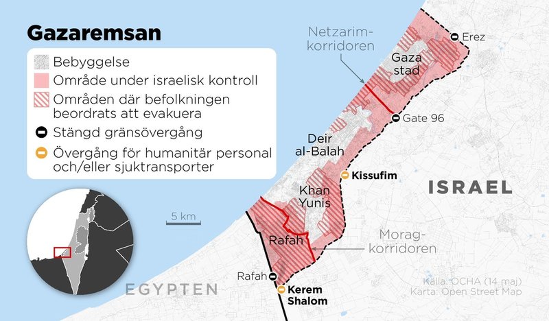 Kartan visar områden under israelisk kontroll samt områden där befolkningen beordrats att evakuera.
