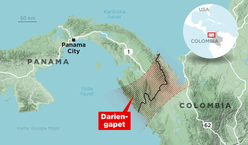 Det väglösa gränsområdet mellan Panama och Colombia kallas Darién-gapet.