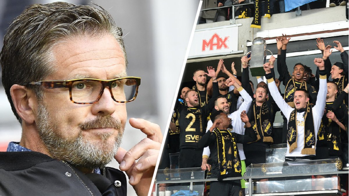 AIK-tränaren Rikard Norling. Spelarna i AIK lyfter Lennart Johanssons-pokal efter SM-guldet 2018. 