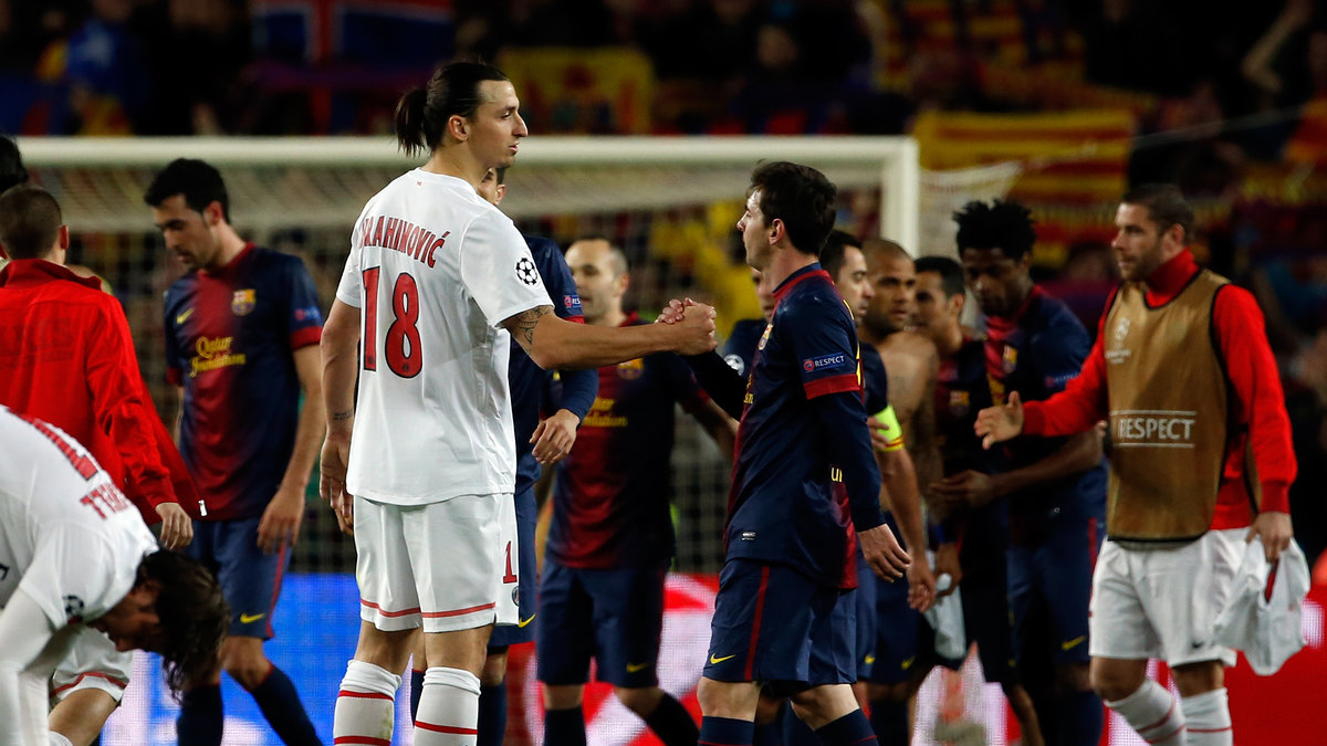 Zlatan Ibrahimovic tackar Lionel Messi efter gårdagens 1–1 på Camp Nou.