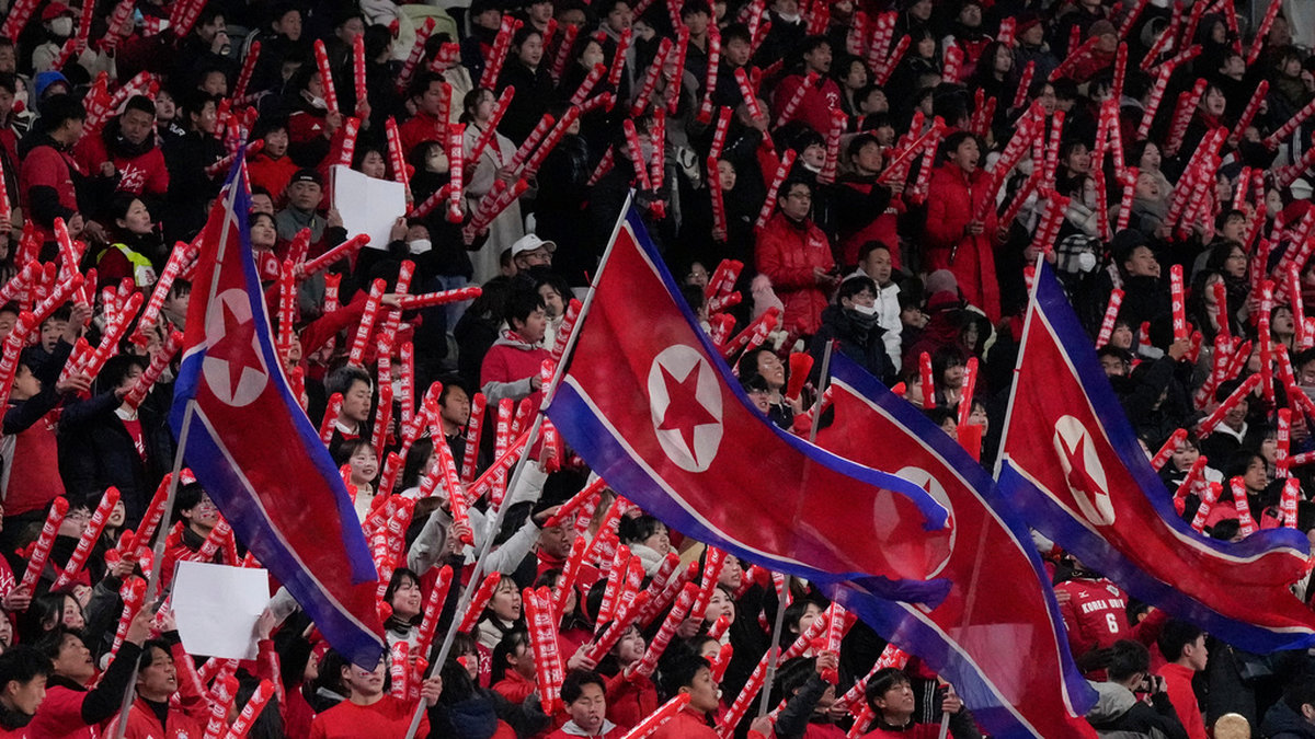 Nordkoreanska supportrar under VM-kvalmötet mellan Japan och Nordkorea i Tokyo.
