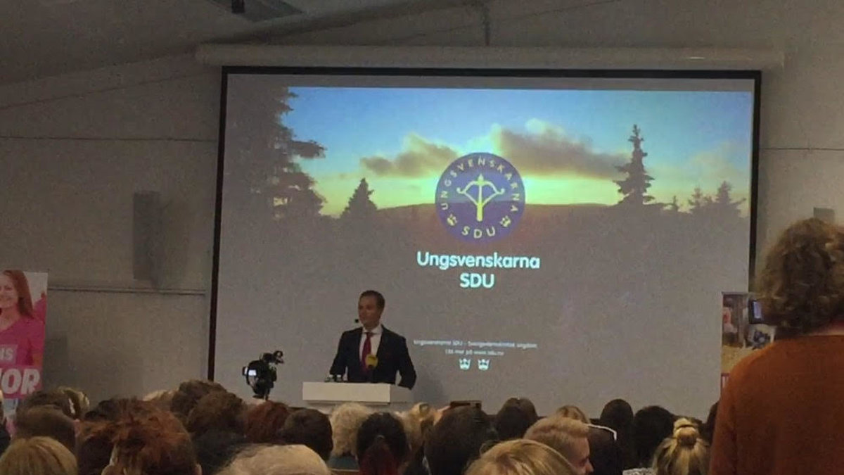 SDU Ungsvenskar talesperson Tobias Andersson höll tal. 