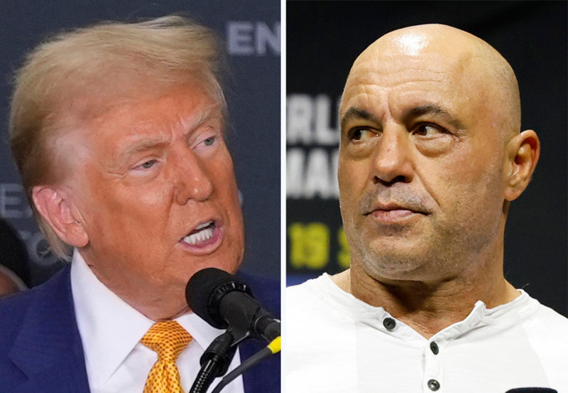 Joe Rogan, till höger, gör sin podcast på video. I valrörelsen i fjol gjorde han bland annat en flera timmar lång sändning med president Donald Trump.