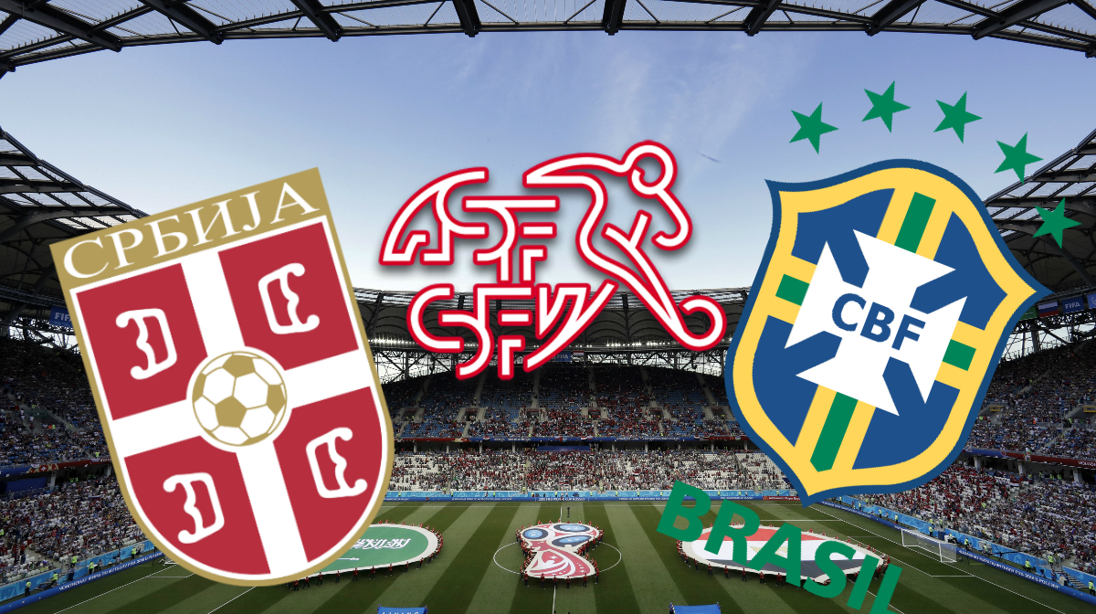 Serbia football, Swiss football, Brazil Football och VM-arena i bakgrunden. Serbia football, Swiss football, Brazil Football och VM-arena i bakgrunden.