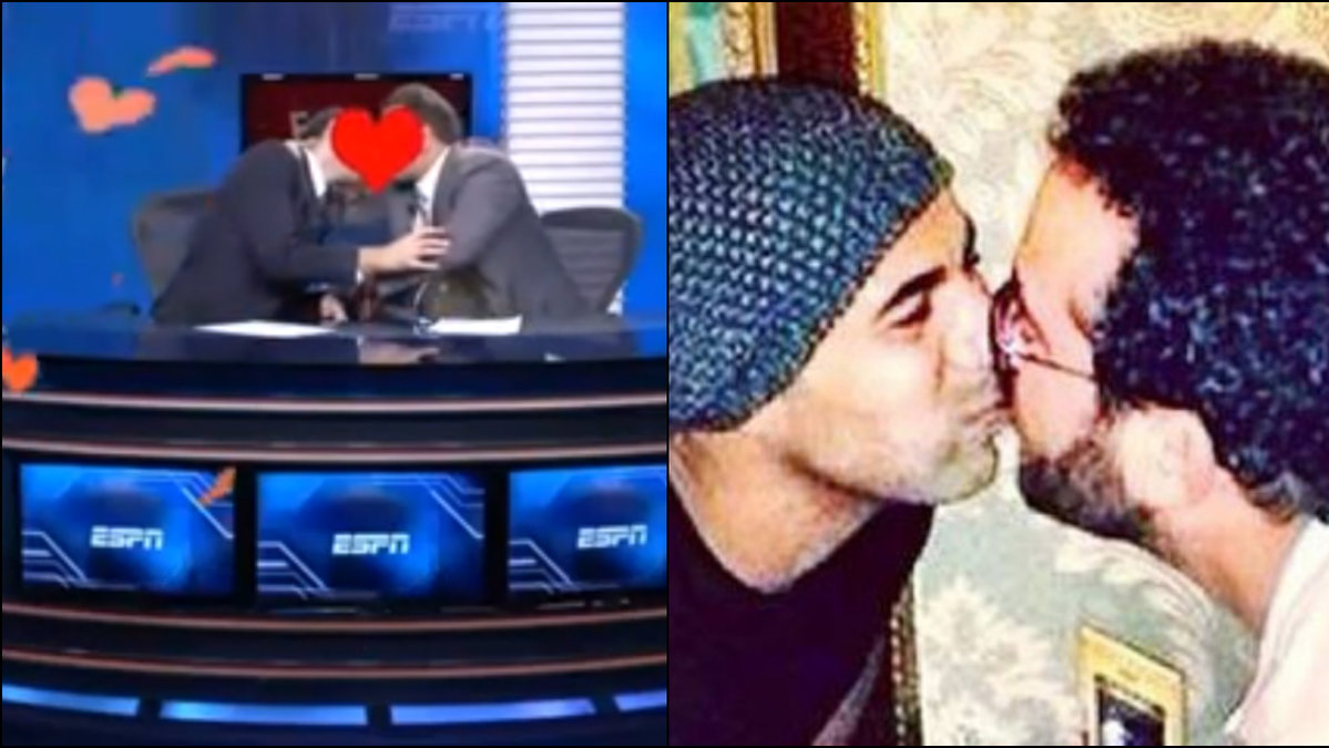 Två brasilianska journalister pussas – för att visa sin avsky mot hatet som fotbollsspelaren Emerson Sheik fick utstå. 