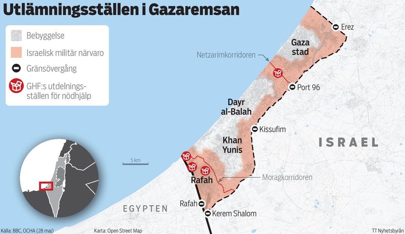 Kartan visar var Gaza Humanitarian Foundations utdelningsställen i Gazaremsan ligger samt områden med israelisk militär närvaro.