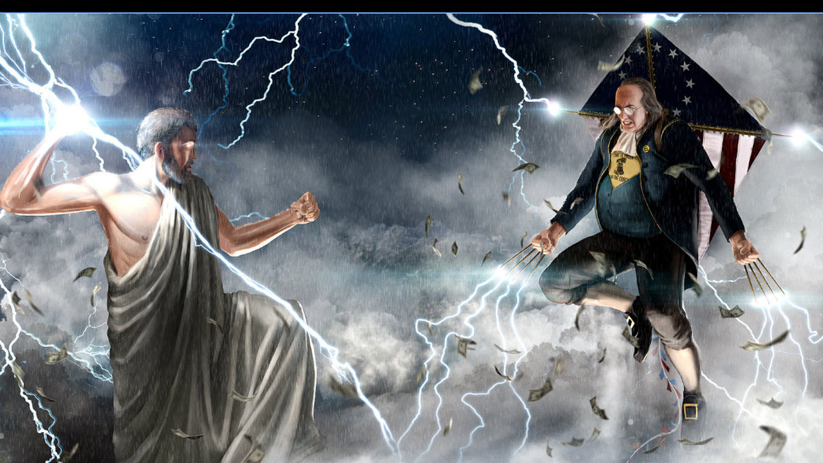 Benjamin Franklin och grekiske guden Zeus i en dödsmatch om elektriciteten. Notera Wolverine-klorna. Franklin var aldrig president, men ändå en av "founding fathers".