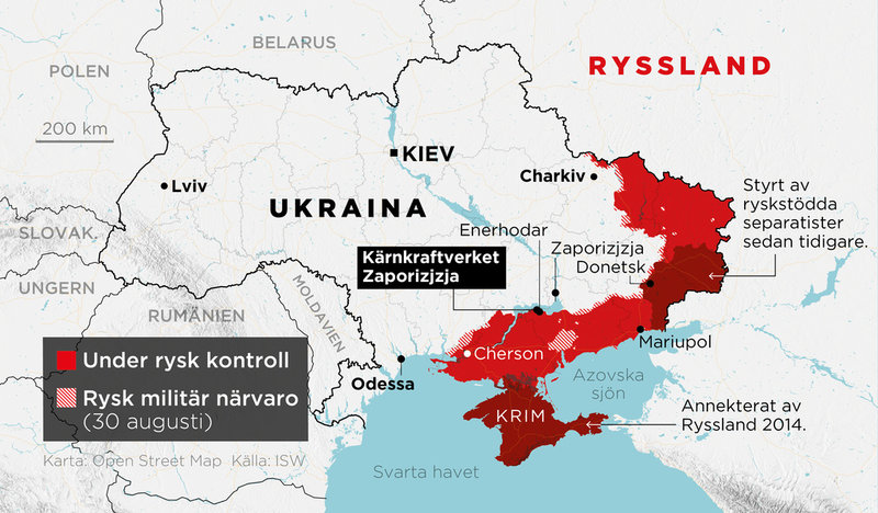 Områden under rysk kontroll samt områden med rysk militär närvaro 30 augusti. Kärnkraftverket ligger mitt i stridslinjen mellan ryska invasionsstyrkor och ukrainsk militär.