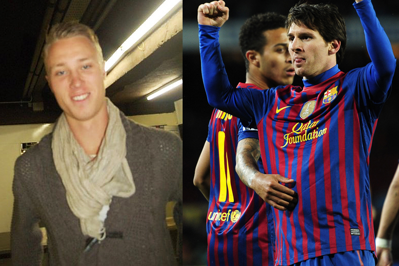 Två spelare i Barcelona: Joakim Engström och Lionel Messi.