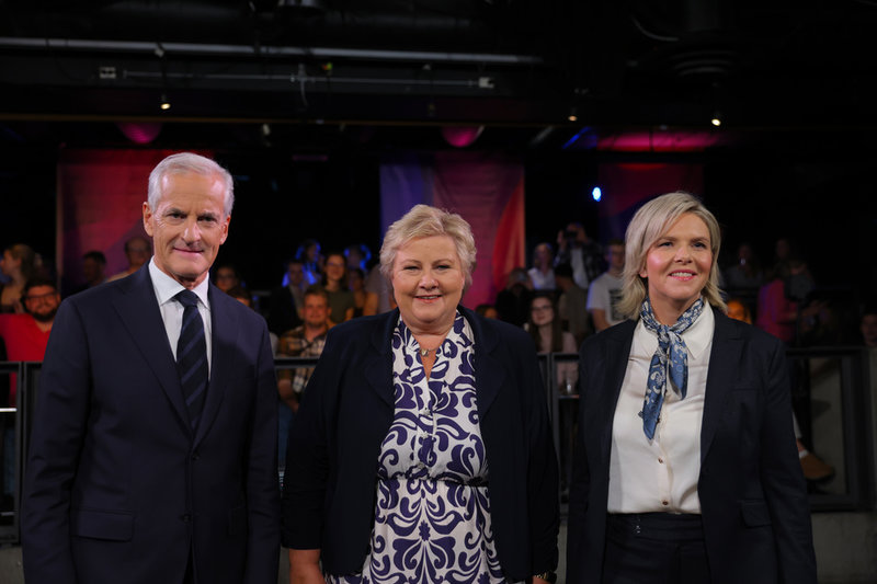 De tre statsministerkandidaterna inför söndagskvällens debatt i norska TV2: Jonas Gahr Støre (Arbeiderpartiet), Erna Solberg (Høyre) och Sylvi Listhaug (Fremskrittspartiet).