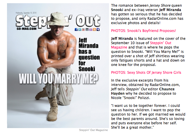 Snookis pojkvän Jeff Miranda går ner på knä och ber om hennes hand på omslaget av Steppin' Out Magazine.