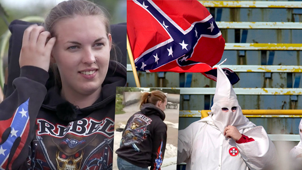 Amanda bär en rasistisk tröja med sydstatsflaggan i Bonde söker fru
