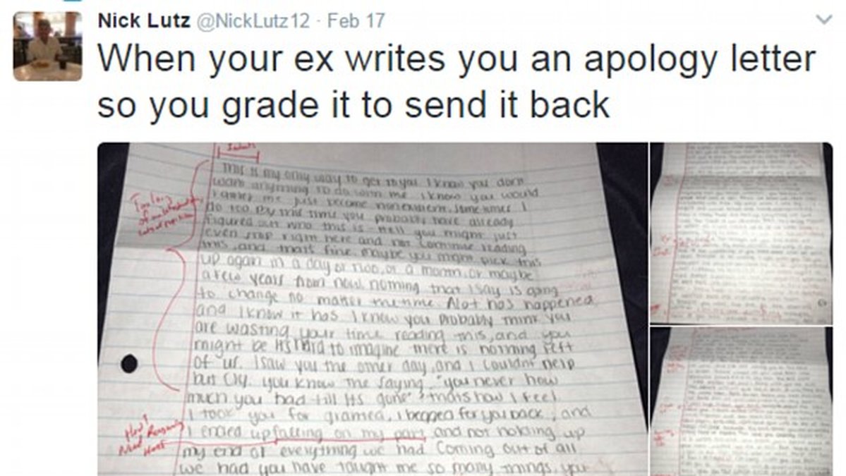 Han svarade genom att pedagogiskt markera ut fel i hennes brev. 