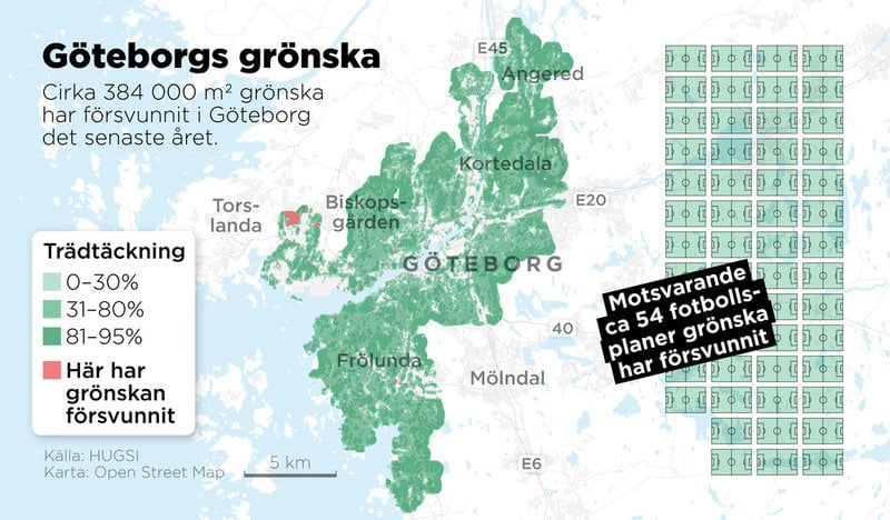 Grönska motsvarande cirka 54 fotbollsplaner har försvunnit i Göteborg det senaste året.