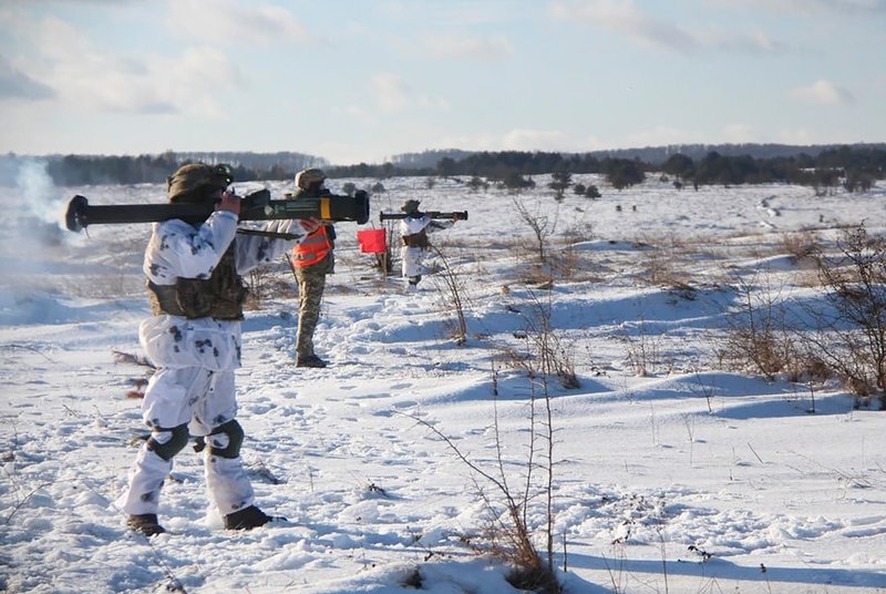 Bild från en övning med ukrainska soldater vid militärbasen i Javoriv i slutet av januari i år.