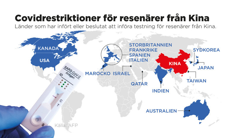 Länder som under tisdagen infört eller beslutat att införa testning för resenärer från Kina. EU-kommissionen meddelade på tisdagseftermiddagen att en stor majoritet av EU:s medlemsländer står bakom testning av Kinaresenärer.