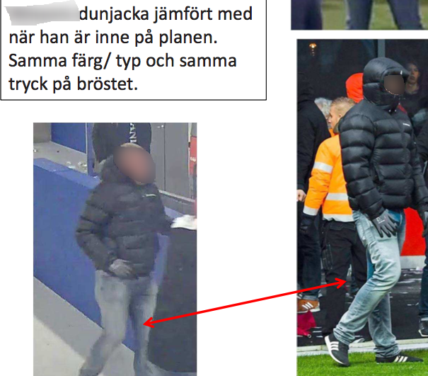 En av de åtalade som nekar att han befunnit sig på spelplanen efter slutsignal. Men dessa bilder säger något annat. En av de åtalade som nekar att han befunnit sig på spelplanen efter slutsignal. Men dessa bilder säger något annat.
