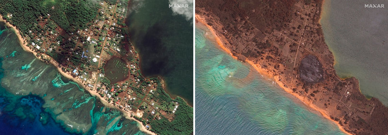 Två satellitbilder från före och efter vulkanutbrottet visar förödelsen i Nomuka i Tonga. Den vänstra bilden är från augusti 2020 och den högra från 20 januari i år.