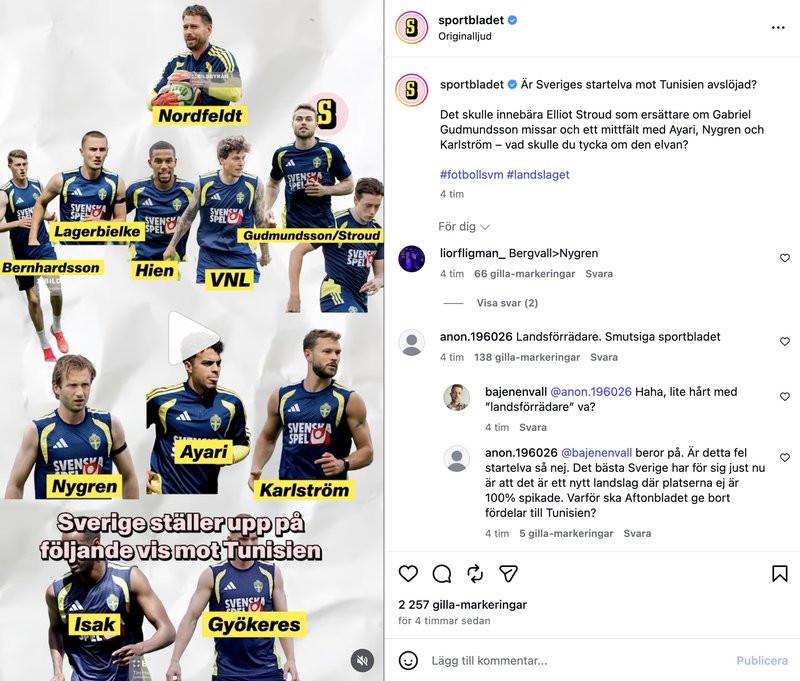 Skärmavbild: instagram.com/sportbladet Skärmavbild: instagram.com/sportbladet