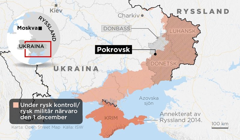 Områden i Ukraina under rysk kontroll eller med rysk militär närvaro den 1 december 2025. De mest intensiva striderna den senaste tiden har stått om staden Pokrovsk, i ett område i Donbass där Ukraina ännu håller emot invasionsstyrkorna.
