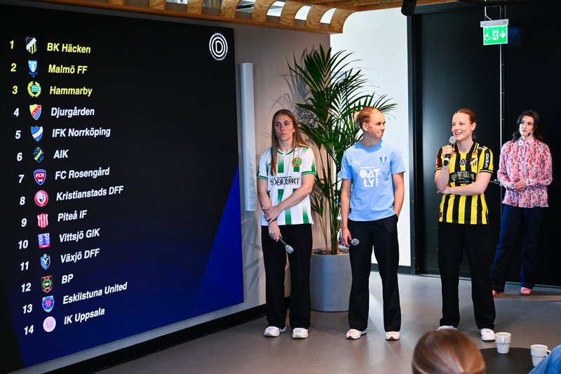 Gudrún Arnardóttir, Hammarby, Nellie Lilja, Malmö FF, och Anna Anvegård, BK Häcken, under tisdagens upptaktsträff inför damallsvenskan i fotboll.