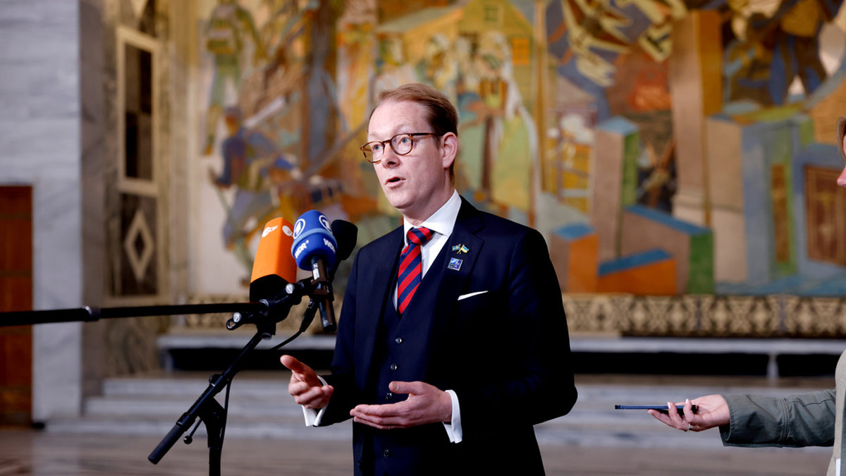Sveriges utrikesminister Tobias Billström (M), när han anlände till Oslos rådhus inför torsdagens informella Natomöte.