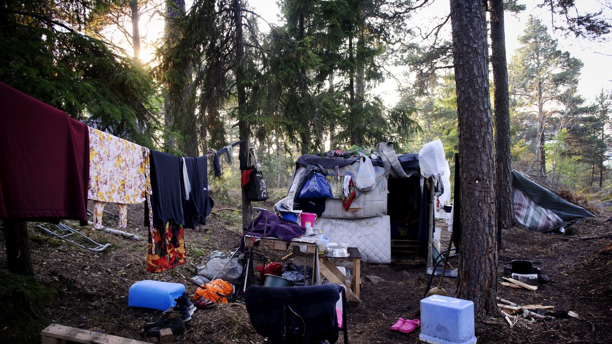 Ett tältläger i Högdalen där EU-migranter från Rumänien bor i tält och kojor i skogen.