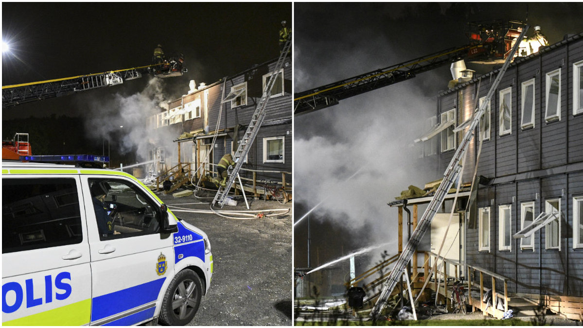 Misstänkt mordbrand på flyktingboende i Fagersjö, södra Stockholm. 